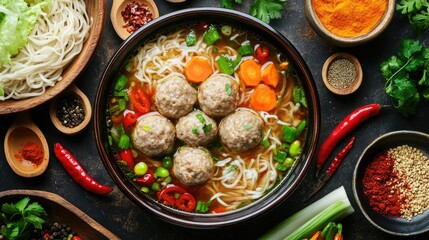 Wall Mural - A vibrant shot of bakso meatball soup with colorful vegetables, noodles, and large meatballs, surrounded by Indonesian spices and condiments in a homey kitchen setting