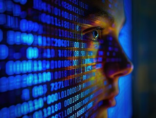 Wall Mural - a person's face is blurred with blue and orange digital code. ai.