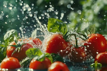 Fresh tomatoes being cleaned with water spray, ideal for food photography and related uses