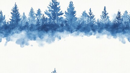 Seamless watercolor background with a border featuring a blue silhouette of trees bushes and pine trees Ideal for postcards banners logos and cards Artistic paint splash illustration