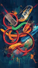 Poster - A vibrant composition of sports equipment and colors, showcasing energy and movement.