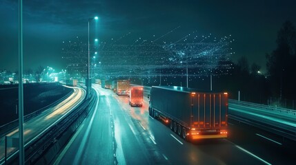 Wall Mural - Semi-Trucks Driving on a Highway at Night with a Digital Network Above