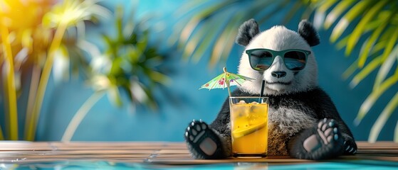 Cute panda in sunglasses and with a tropical cocktail is relaxing on the beach