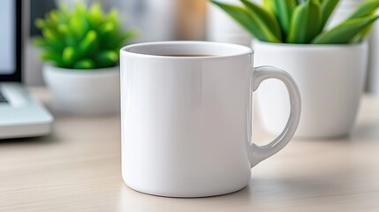 Wall Mural - A white coffee cup sitting on a wooden table next to two laptops, AI