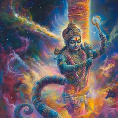 Canvas Print - A vibrant painting depicting a Hindu deity standing against a cosmic backdrop.