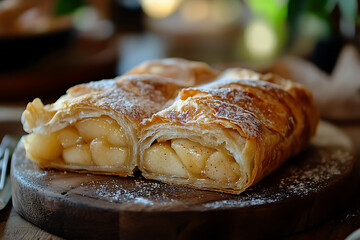 Wall Mural - A freshly baked apple pastry on a wooden board, dusted with powdered sugar.