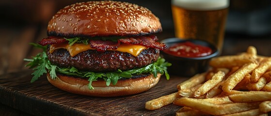 A delicious burger with bacon, cheese, and fries alongside a beer.