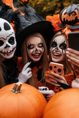 Smiling friends in Halloween costumes enjoy a festive celebration with pumpkins, masks, and fun moments captured on their phones.