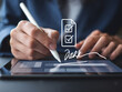 © ontsunan - Business professional digitally signing a document on a tablet with a stylus, emphasizing electronic signature and online agreement.