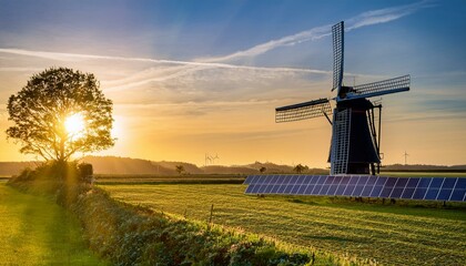 Wall Mural - Solar Panels on a Dutch Windmill at Sunset