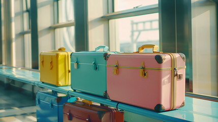 Colorful suitcases in the airport terminal, blue sky in the background, travel concept