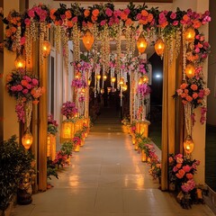 Canvas Print - A walkway decorated with flowers and lanterns, leading to an unknown destination.