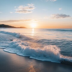 Sticker - A wave crashes on the sandy shore at sunset, with a golden sky and calm ocean water.