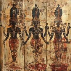 Sticker - A weathered wooden panel with three painted figures of Hindu deities.