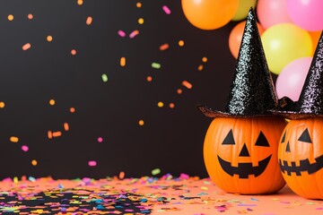 two pumpkins wearing black glitter witch pointy hats on a black solid color background with confetti