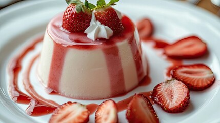 Close-up of strawberry pudding with a swirl of vanilla sauce on a white ceramic plate, decorated with sliced strawberries and a touch of whipped cream