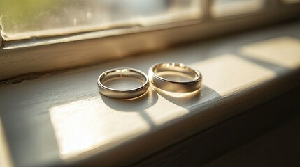 Close-up of two wedding bands resting on a sunlit windowsill, with soft light highlighting their timeless beauty