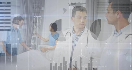 Sticker - Animation of statistics and data processing over diverse doctors