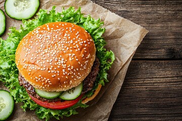 close-up of a delicious burger on a dark, rustic background