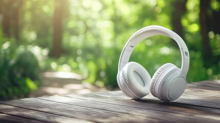 Close-up of white headphones on a wooden table, with a soft-focus green garden background, creating a calm and serene music-themed image