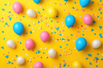 Wall Mural - Colorful balloons and confetti on yellow background