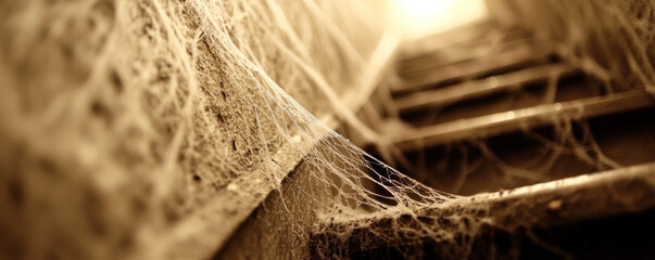 A staircase with a spider web on it. The spider web is made of strings and is covering the entire staircase