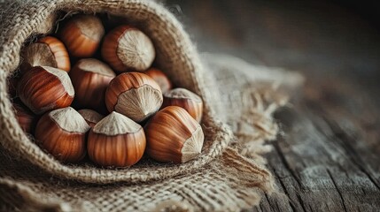 Wall Mural - Closeup of whole hazelnuts in a rustic setting, showcasing their benefits for a healthy diet and nutrition, ideal for health-conscious food visuals