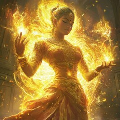 Canvas Print - A woman in traditional Indian attire stands engulfed in flames, radiating power and heat.