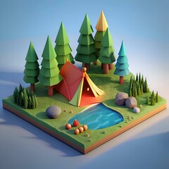 Sticker - Charming low poly illustration of a campsite in a forest with a tent. a lake. and trees.