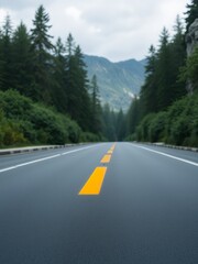 Poster - Empty road winding through a forest with mountains in the distance