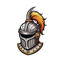 A detailed illustration of a knight's helmet with a flowing orange plume.