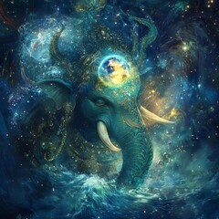 Poster - An elephant's head emerges from a swirling sea of stars and water, holding the earth in its eye.