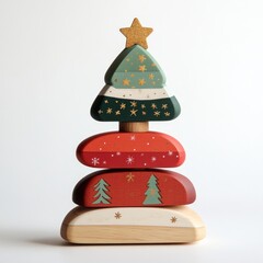 Wall Mural - A wooden Christmas tree toy with a star on top and red and green decorations.