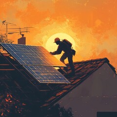 Wall Mural - A worker installs solar panels on a rooftop during a sunset.