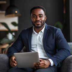 Sticker - A young businessman smiles while working on a laptop in a modern office.