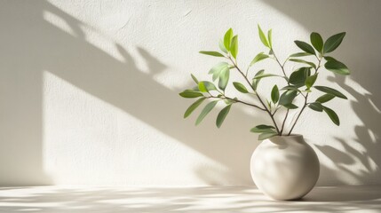 Wall Mural - Green Plant Branch in a White Vase with Sunlit Shadows on a White Wall