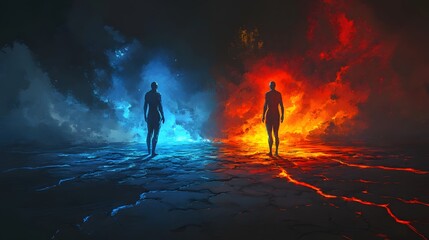 Two human figures, one blue and one red, standing on a cracked, glowing ground, facing each other, underlit with a fiery glow, stylized in a dark fantasy art style, detailed and intense expressions,