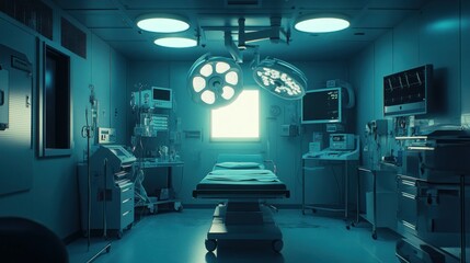 Sticker - Empty Operating Room with Medical Equipment and a Surgical Lamp