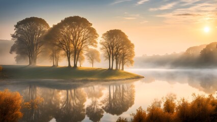 Wall Mural - A serene lake with a group of trees in the background