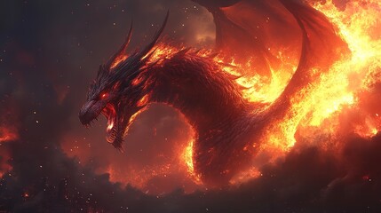 A dramatic illustration of a fire dragon (