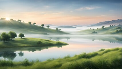 Wall Mural - A serene landscape with a lake and a forest