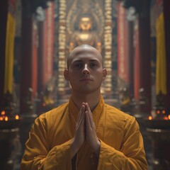 Wall Mural - A young monk in a Buddhist temple, hands clasped in prayer, with a golden Buddha statue in the background.