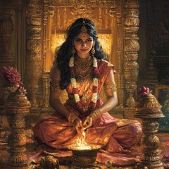 Poster - A young woman in traditional Indian attire sits in a golden palace, lighting a lamp.