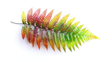 A single fern frond with a vibrant color gradient from red to green