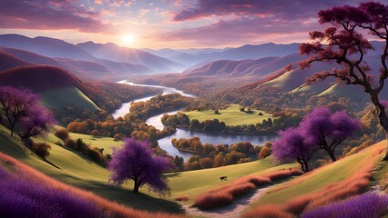 Wall Mural - A beautiful landscape with a river and mountains in the background