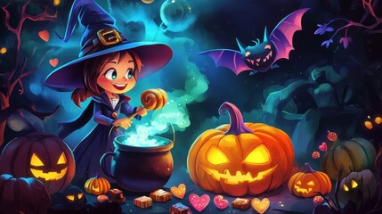 A cheerful witch stirs her cauldron with glowing pumpkins, candy, and a playful bat, celebrating the Halloween spirit