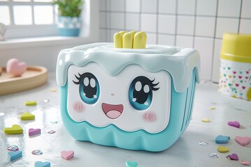 Wall Mural - Cute cartoon style cake decorated with animated eyes and smiling face