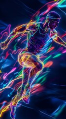 Wall Mural - Abstract colorful neon illustration of a runner in mid-stride, symbolizing speed, energy, and determination.