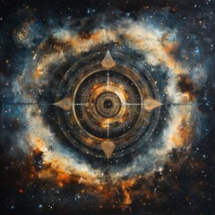 Wall Mural - Abstract cosmic art with a golden compass symbol in the center of a nebula.