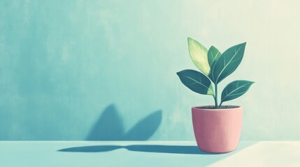 Canvas Print - A Potted Plant with Green Leaves Against a Light Blue Wall